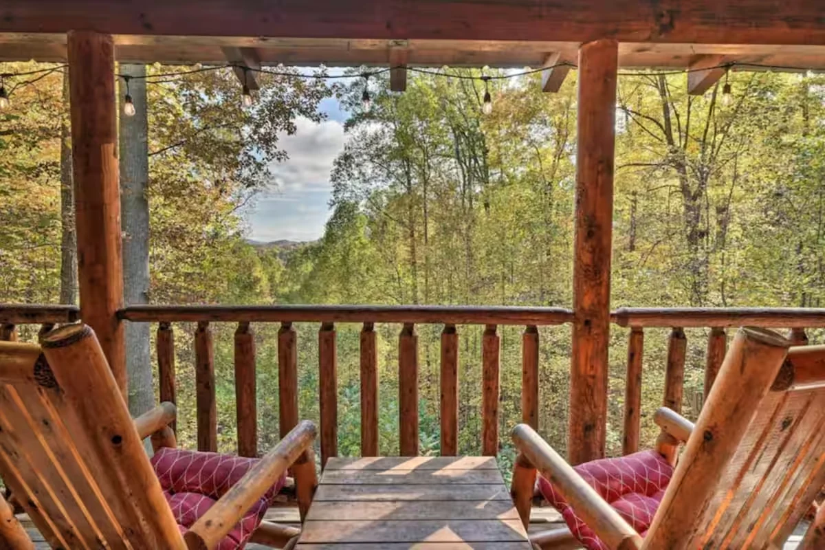 Rocking chairs on a covered cabin porch with Smoky Mountain views