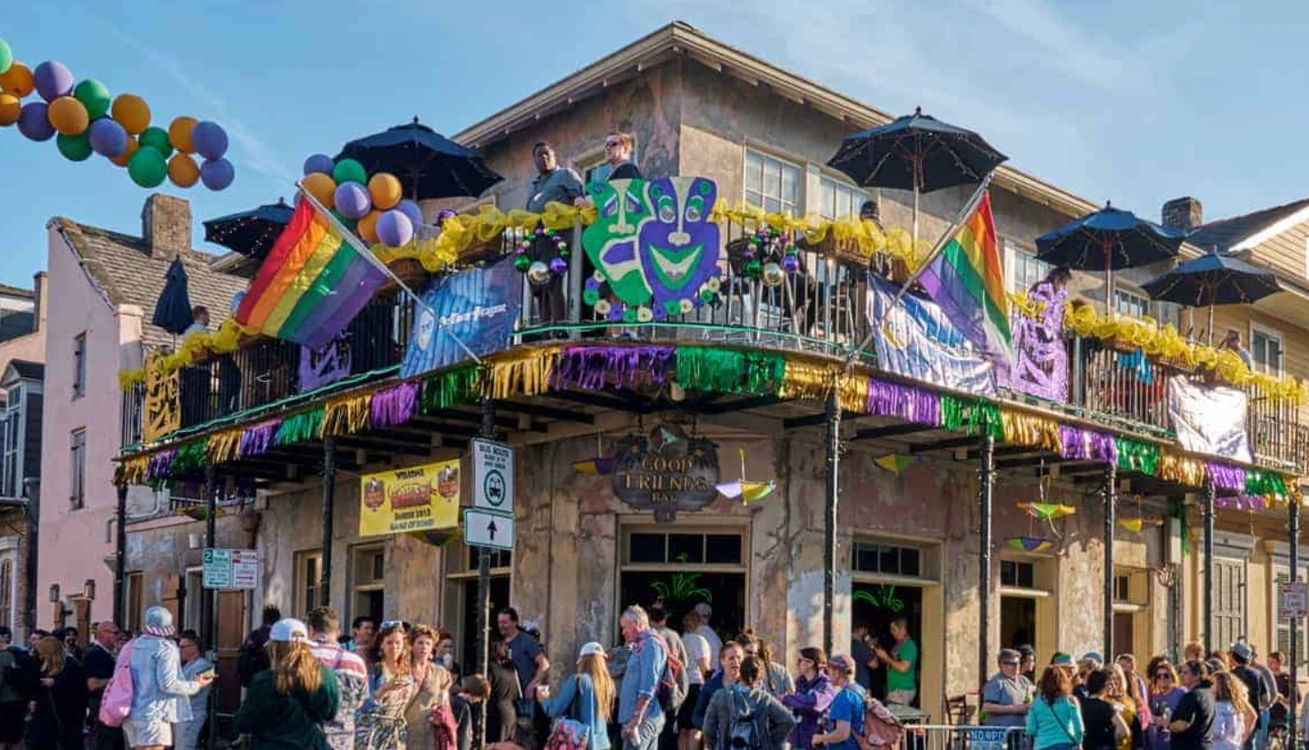 Colorful balconies and Mardi Gras decorations in New Orleans